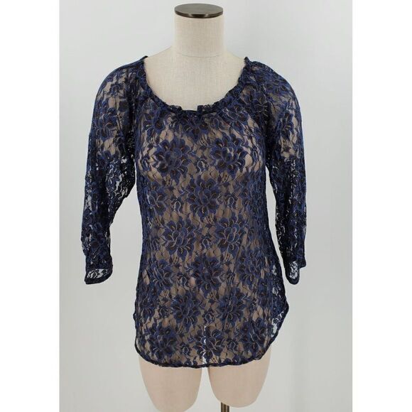 LOFT Tops - Ann Taylor Loft Lace Top Womens 3/4 Sleeve Floral Blue Size Medium